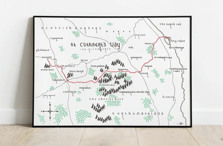 A hand-drawn map of St Cuthbert's Way in Tolkien's style, the perfect Christmas gift